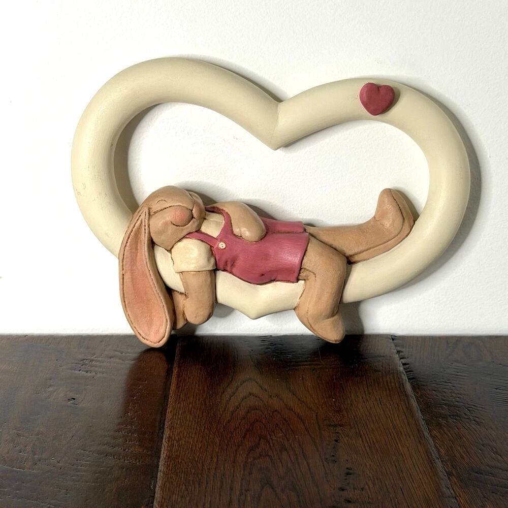 Vintage Ceramic Sleeping Bunny Wall Hanging in Heart Frame | Nursery Wall Decor